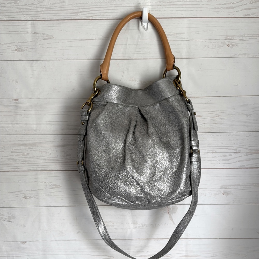 J.Crew Silver and Tan Pebbled Leather Hobo Shoulder/Crossbody Bag Magnetic Close